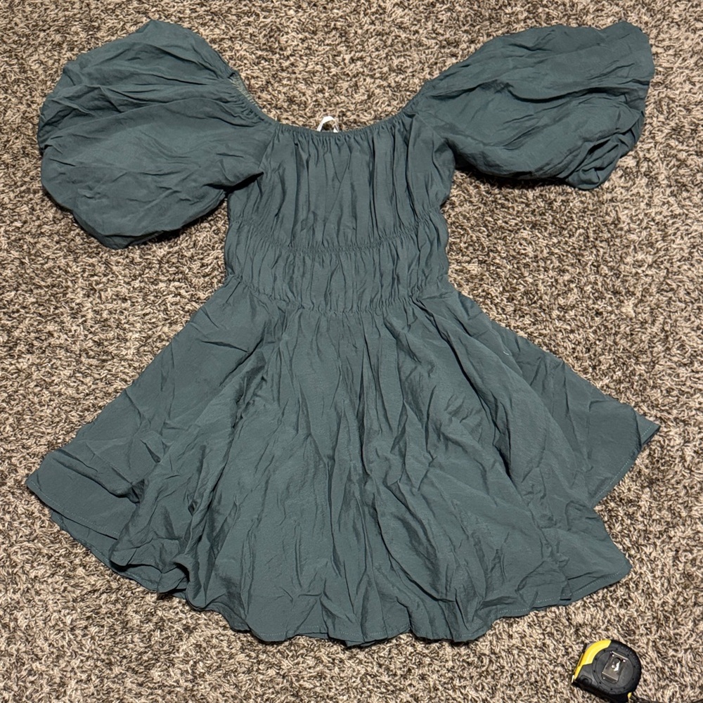 Altar'd State Teal Midi Dress with Puff Sleeves